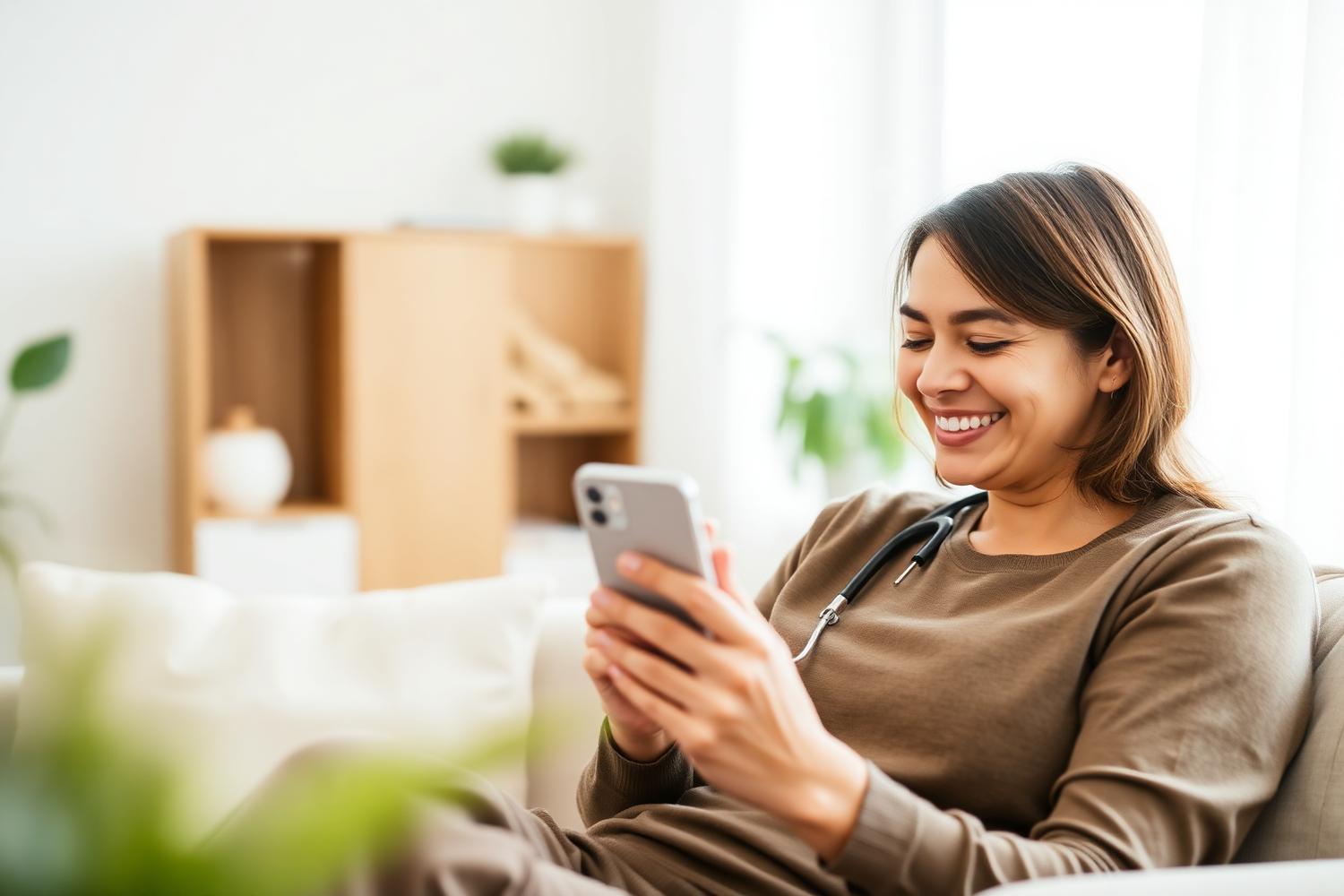 Happy person using a telemedicine app on their smartphone