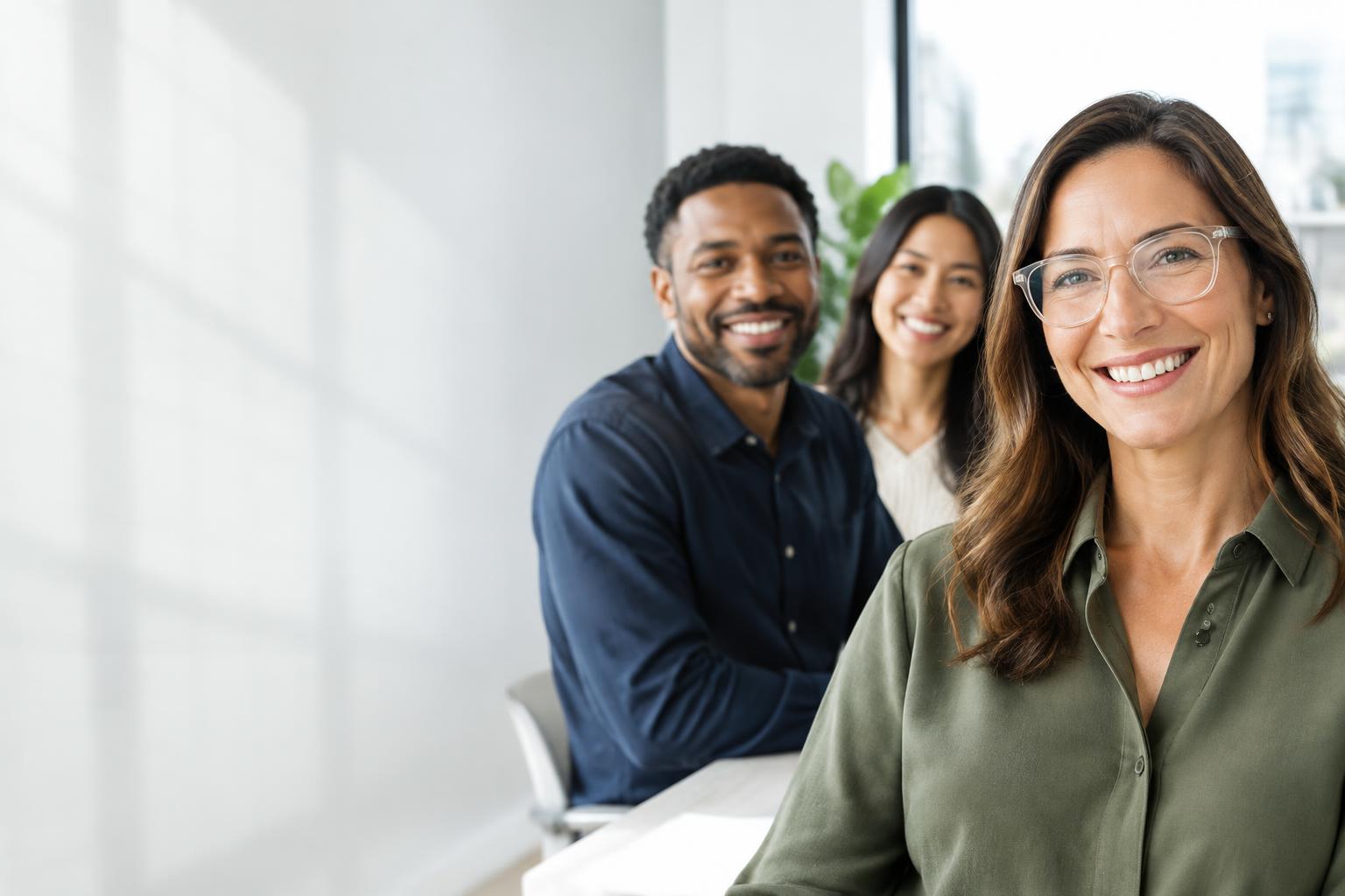 Smiling coworkers, including a woman wearing prescription glasses