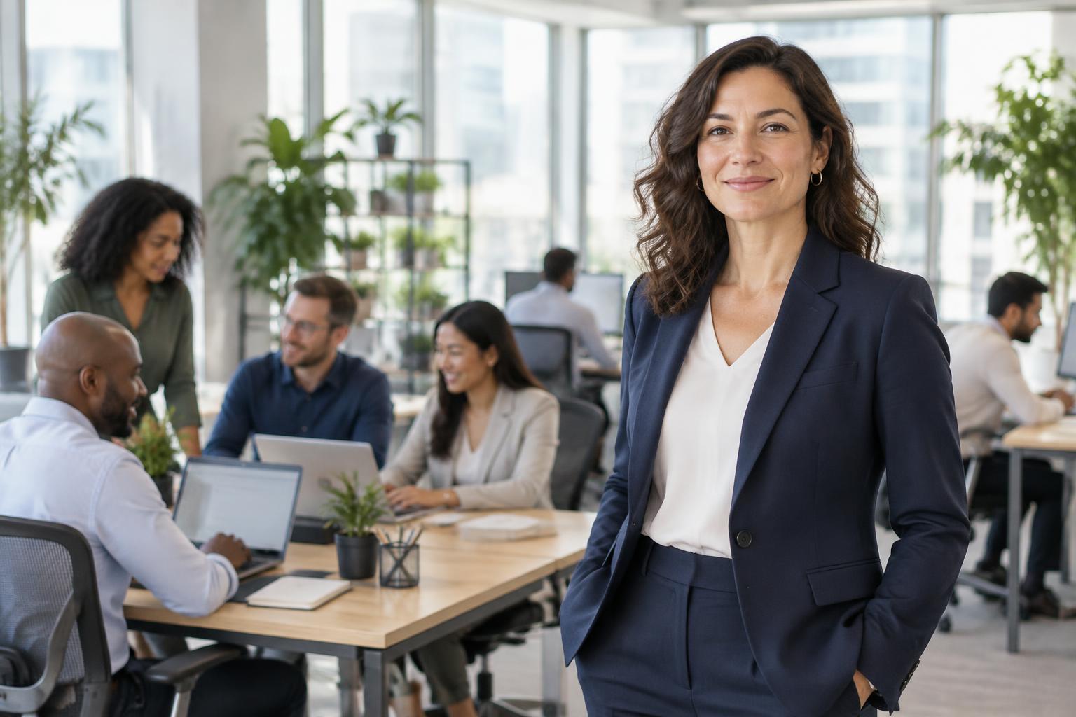 Benefits leader standing in a busy open office with a large team of employees
