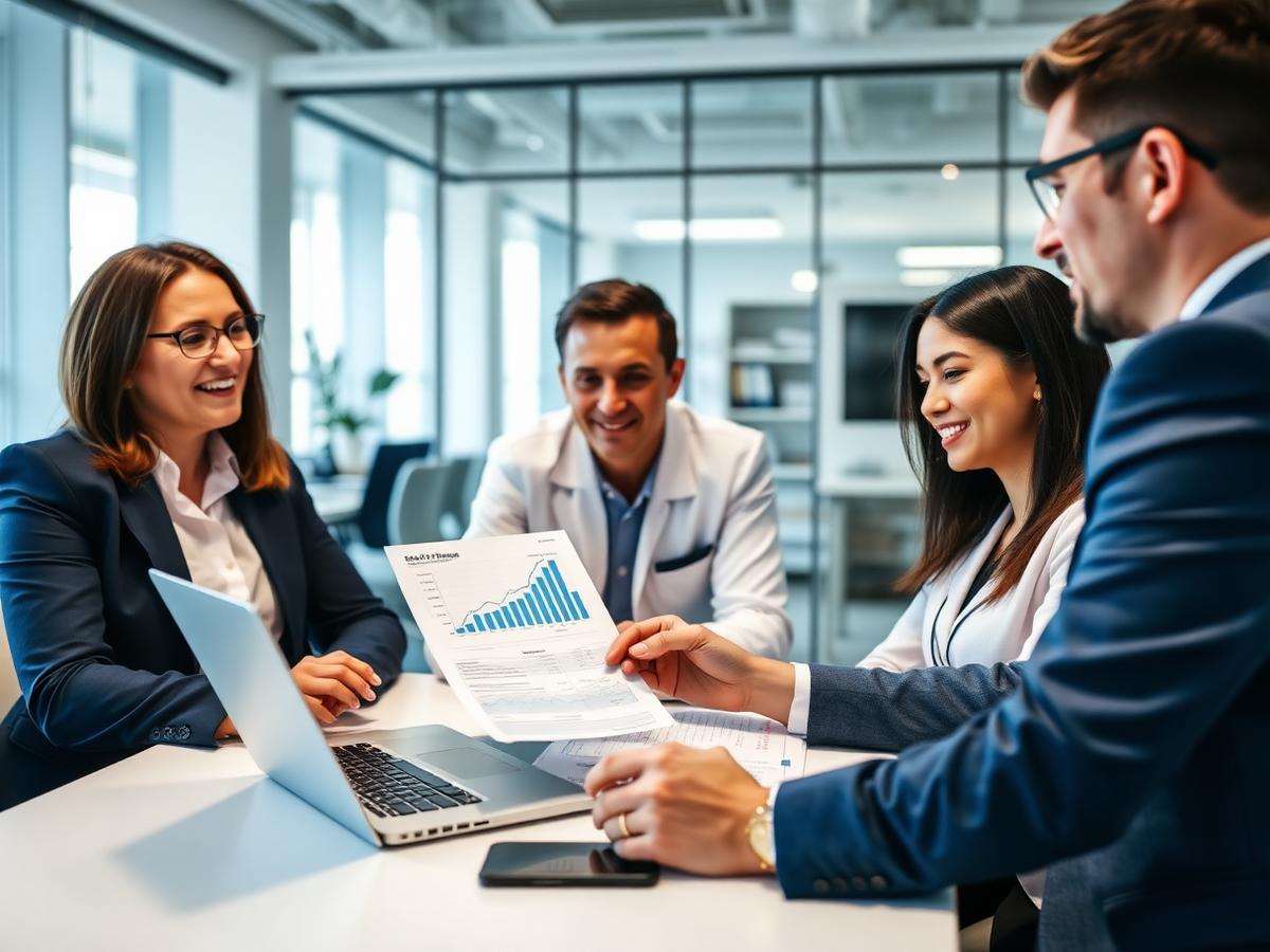 Business team reviewing self-funded health plan finances