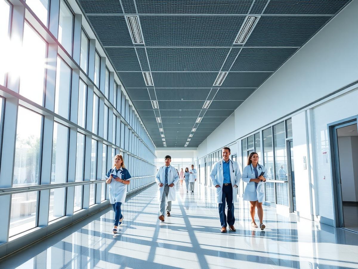 Clinicians walking through a bright modern hospital corridor