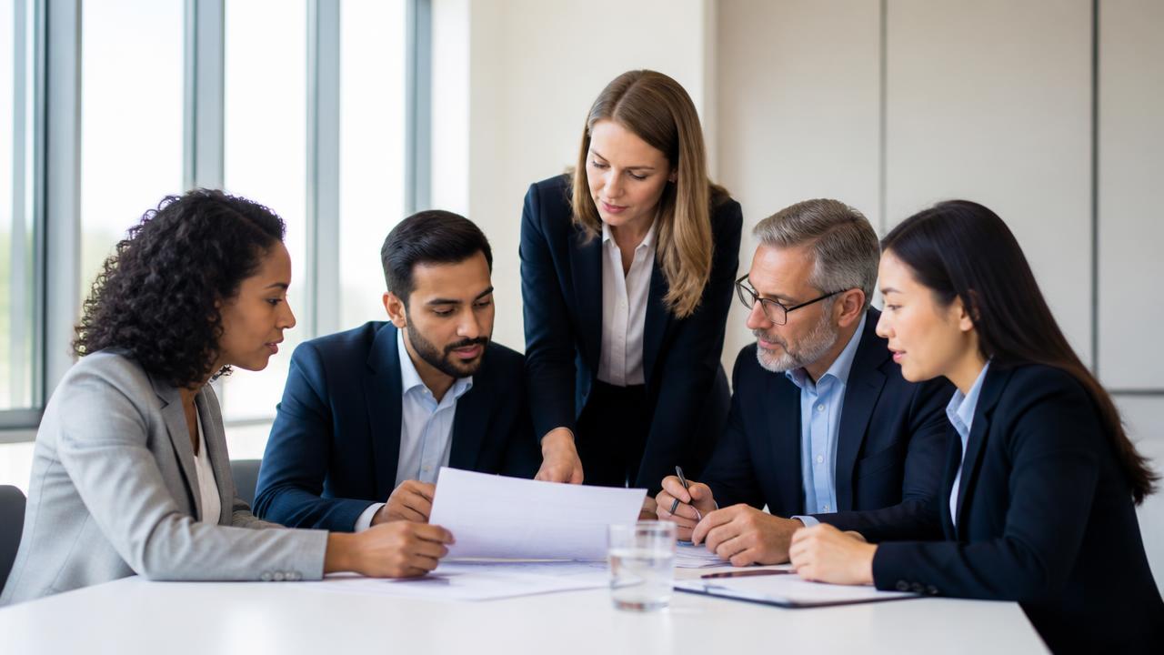Business professionals reviewing compliance documents in a sunlit office