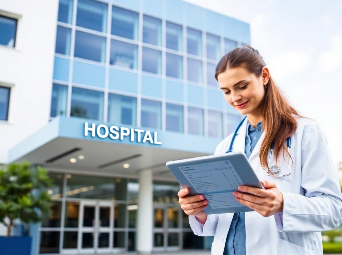 Modern hospital exterior with clinician reviewing pricing
