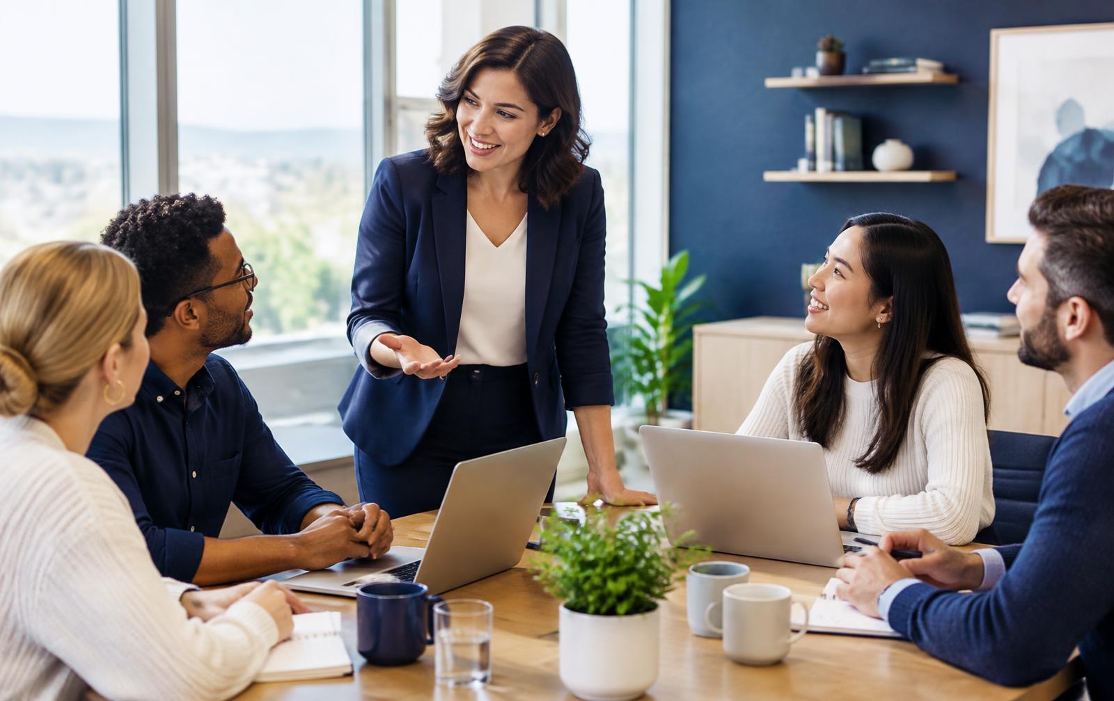 Business owner meeting with employees around a conference table